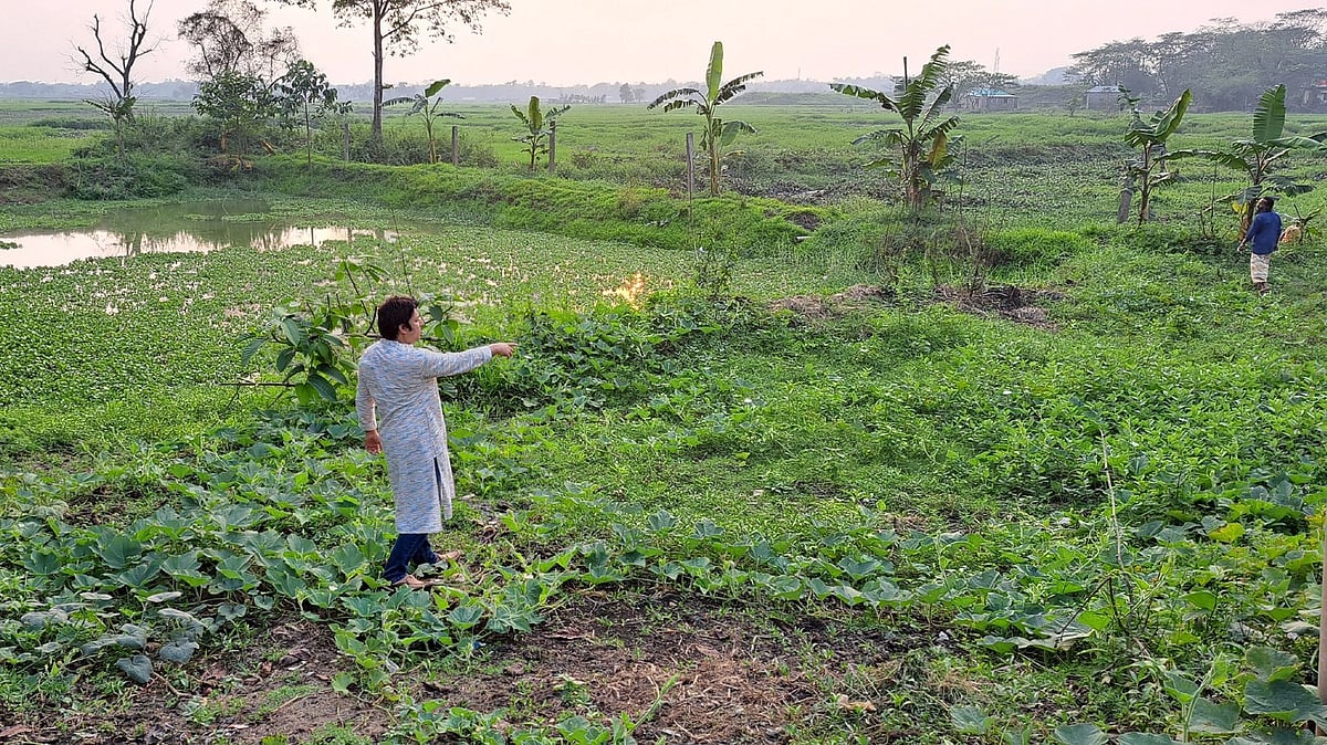সিলেটের দক্ষিণ সুরমা উপজেলার লালমাটিয়া বধ্যভূমি এলাকা দেখাচ্ছেন মুক্তিযুদ্ধ-গবেষক অপূর্ব শর্মা। গতকাল শনিবার বিকেলে