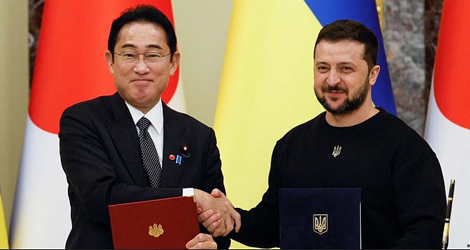 জাপানের প্রধানমন্ত্রী ফুমিও কিশিদা সম্প্রতি ইউক্রেন সফর করেন। ভলোদিমির জেলেনস্কির সঙ্গে বৈঠকে নিরাপত্তা তথ্য বিনিময়ের উপর জোর দিলেও তিনি  আবারও ইউক্রেনে অস্ত্র পাঠাতে অস্বীকৃতি জানান।