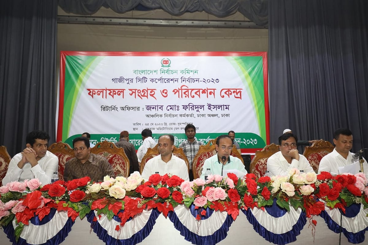 গাজীপুর জেলা পরিষদ ভবনের বঙ্গতাজ মিলনায়তনে ভোটের ফল ঘোষণা করছেন রিটার্নিং কর্মকর্তা মো. ফরিদুল ইসলাম। আজ বৃহস্পতিবার রাতে