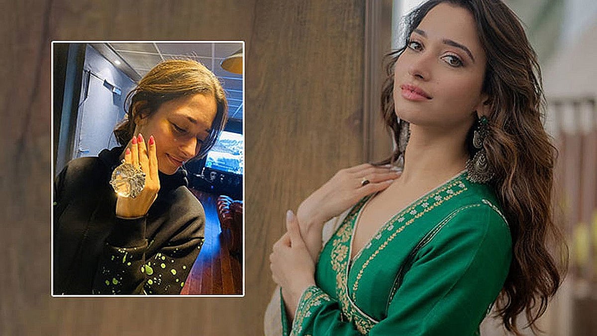 এক ছবিতে দেখা যাচ্ছে প্যান–ইন্ডিয়া নায়িকা তামান্না ভাটিয়ার আঙুলে এক বিশাল সাইজের হীরার আংটি