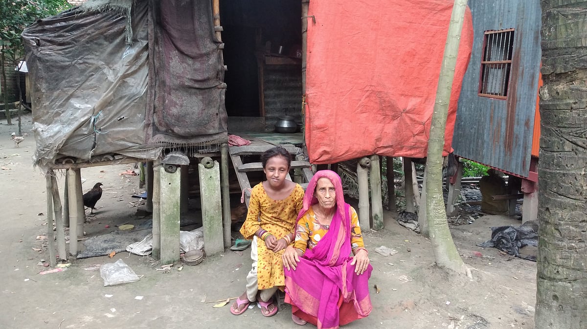 শরীয়তপুর সদর উপজেলার চর ডোমসার গ্রামে বেদেপল্লিতে প্লাস্টিকের ছাপরায় বসবাস করেন গোলাপী বেগম। ছবি সম্প্রতি তোলা