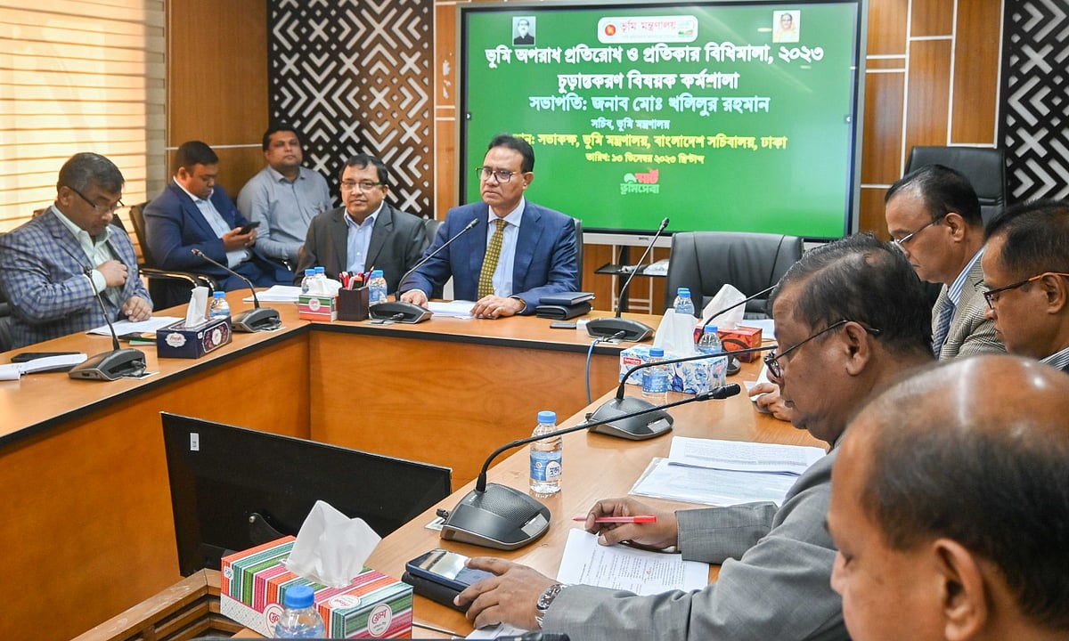 ‘ভূমি অপরাধ প্রতিরোধ ও প্রতিকার বিধিমালা, ২০২৩’ খসড়া চূড়ান্ত করতে আয়োজিত কর্মশালায় প্রধান অতিথির বক্তব্য দেন ভূমিসচিব খলিলুর রহমান