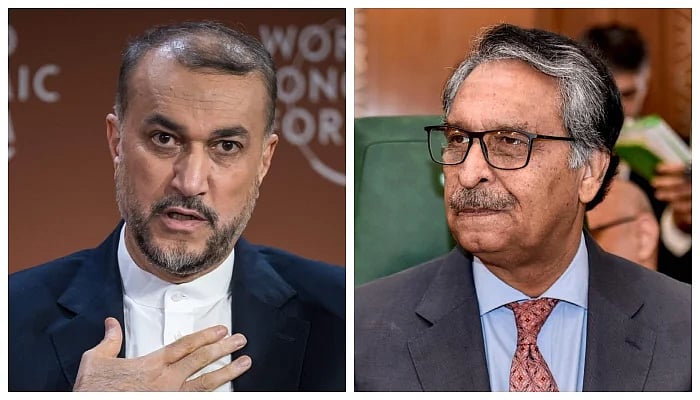 ইরানের পররাষ্ট্রমন্ত্রী আমির আবদুল্লাহিয়ান (বাঁয়ে) এবং পাকিস্তানের তত্ত্বাবধায়ক সরকারের পররাষ্ট্রমন্ত্রী জলিল আব্বাস জিলানি (ডানে)