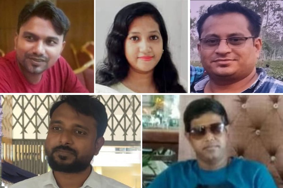 রাজশাহীতে ইএস এগ্রিমেন্ট অ্যাপ প্রতারণা মামলার আসামি (ওপরে) বাঁ থেকে ওয়াহেদুজ্জামান, ফাতেমা তুজ জহুরা ও মোতালেব হোসেন ভুইয়া। নিচে বাঁ থেকে ফারুক হোসাইন ও মিঠুন মণ্ডল