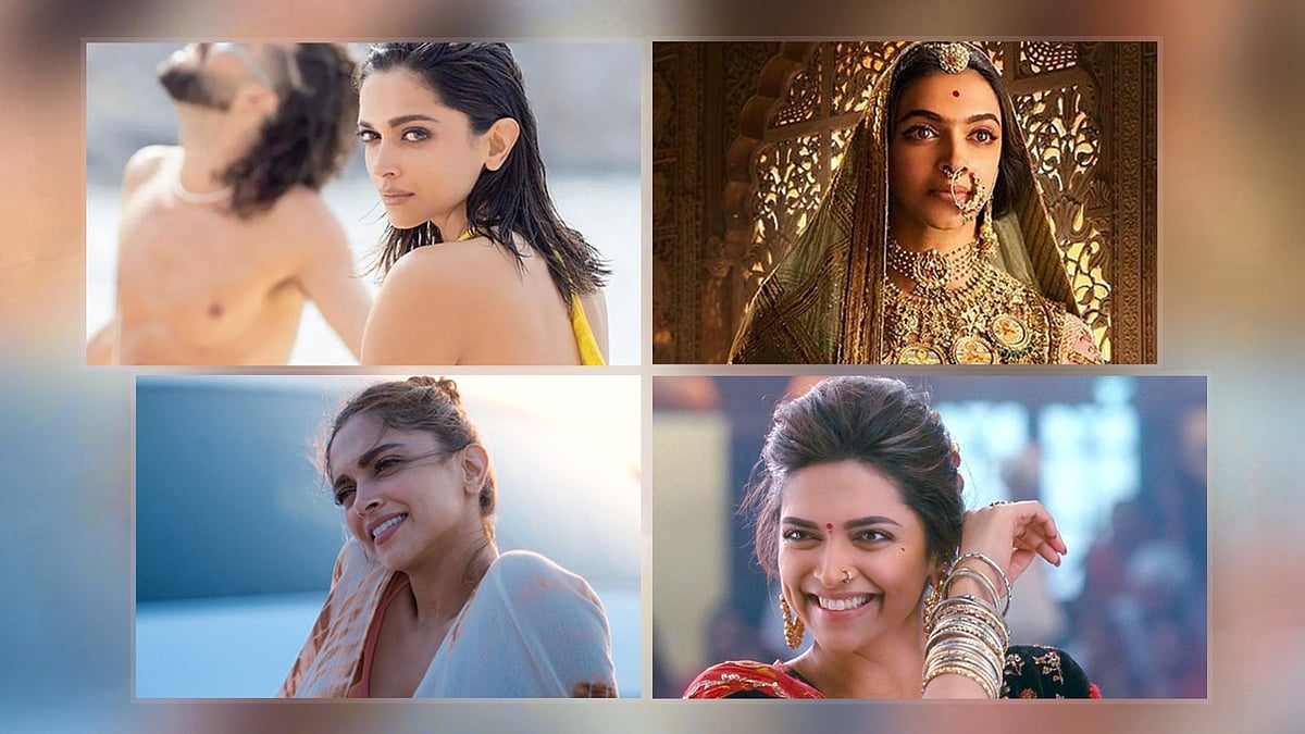 ‘পাঠান’, ‘পদ্মাবত’, ‘গেহরাইয়াঁ’ ও ‘রাম-লীলা’ সিনেমার দৃশ্যে দীপিকা। কোলাজ