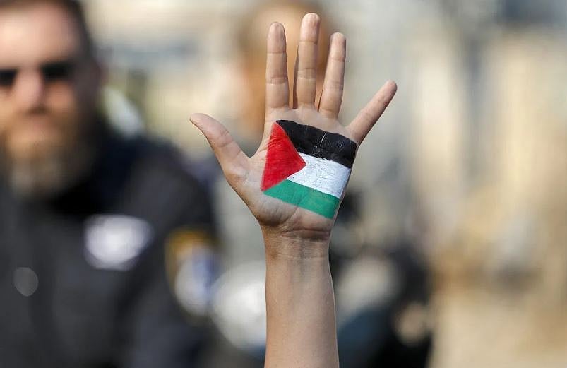 হাতে ফিলিস্তিনের পতাকা এঁকে বিক্ষোভে