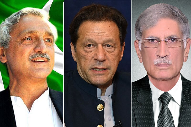 জাহাঙ্গীর তারিন (বামে), ইমরান খান (মাঝে), পারভেজ খট্টক (ডানে)