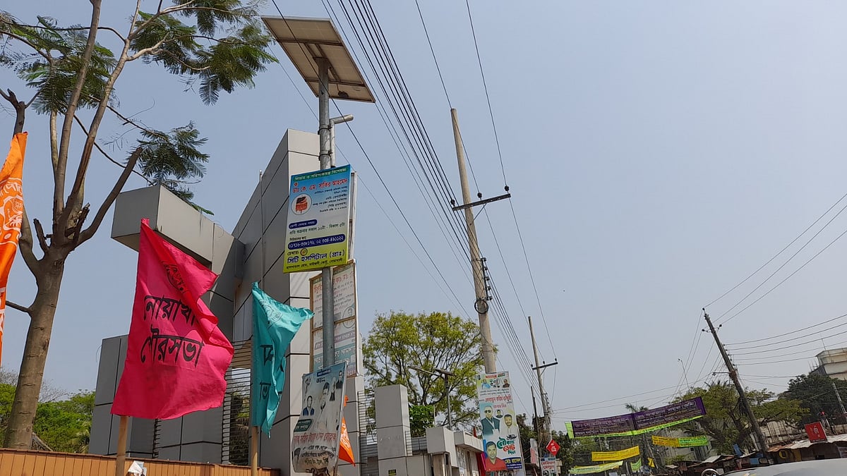 নোয়াখালী পৌরসভা ভবনের ফটকের পাশে লাগানো সৌরবাতির খুঁটিতে সোলার প্যানেল থাকলেও বাতি নেই। গতকাল দুপুরে তোলা