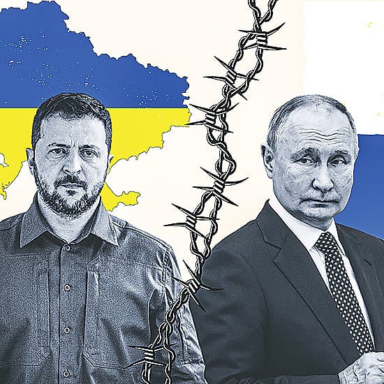 ইউক্রেনের প্রেসিডেন্ট জেলেনস্কি (বাঁয়ে) ও রাশিয়ার প্রেসিডেন্ট পুতিন