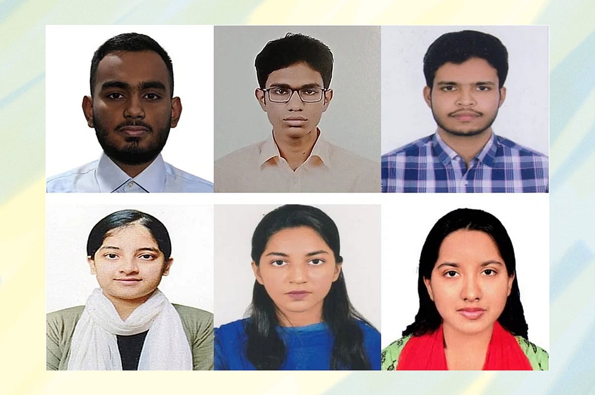 (ওপরে বাঁ থেকে) ইশতিয়াক মঈন, প্রতীক রসুল ও ওয়াসি তাহমিদ । (নিচে বাঁ থেকে) মাহদিয়াত তারান্নুম, তাসনিম আশরাফ ও ফাজরিন আনজুম।