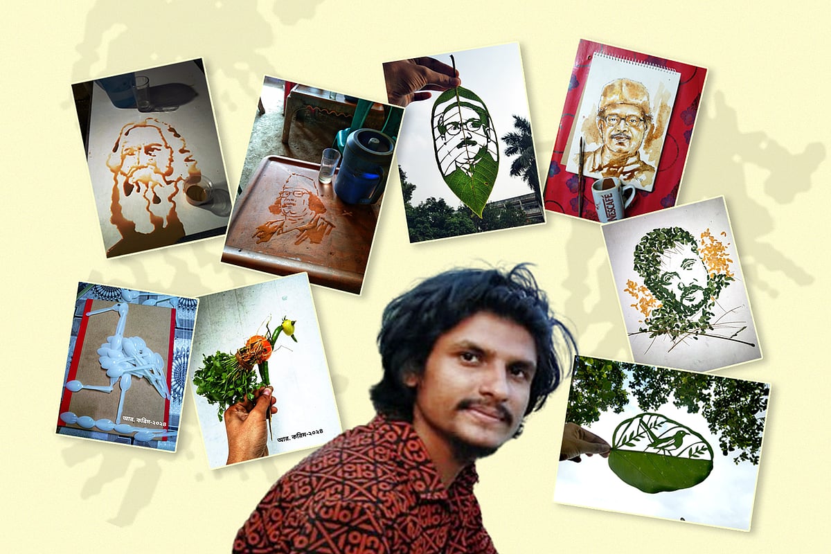 পানি, চা, কফি, পাতা, ইট, কয়লা, দাঁতের মাজন—হাতের কাছে যখন যা পান, তা দিয়েই শিল্পী আর. করিম এঁকে চলেছেন একের পর এক ছবি