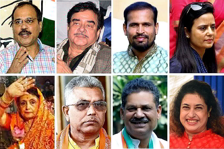 (বাঁ থেকে–ওপরে ও নিচে) অধীর চৌধুরী, শত্রুঘ্ন সিনহা, ইউসুফ পাঠান, মহুয়া মৈত্র, রাজমাতা অমৃতা রায়, দিলীপ ঘোষ, কীর্তি আজাদ, শতাব্দী রায়