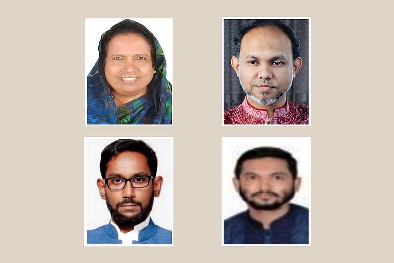 হোমনা উপজেলা পরিষদ নির্বাচনে চেয়ারম্যান প্রার্থী রেহানা বেগম, ব্রাহ্মণপাড়া উপজেলার প্রার্থী আবু তৈয়ব; নিচে, মুরাদনগর উপজেলার প্রার্থী আহছানুল আলম সরকার (বাঁয়ে) ও দেবিদ্বার উপজেলার প্রার্থী মামুনুর রশিদ