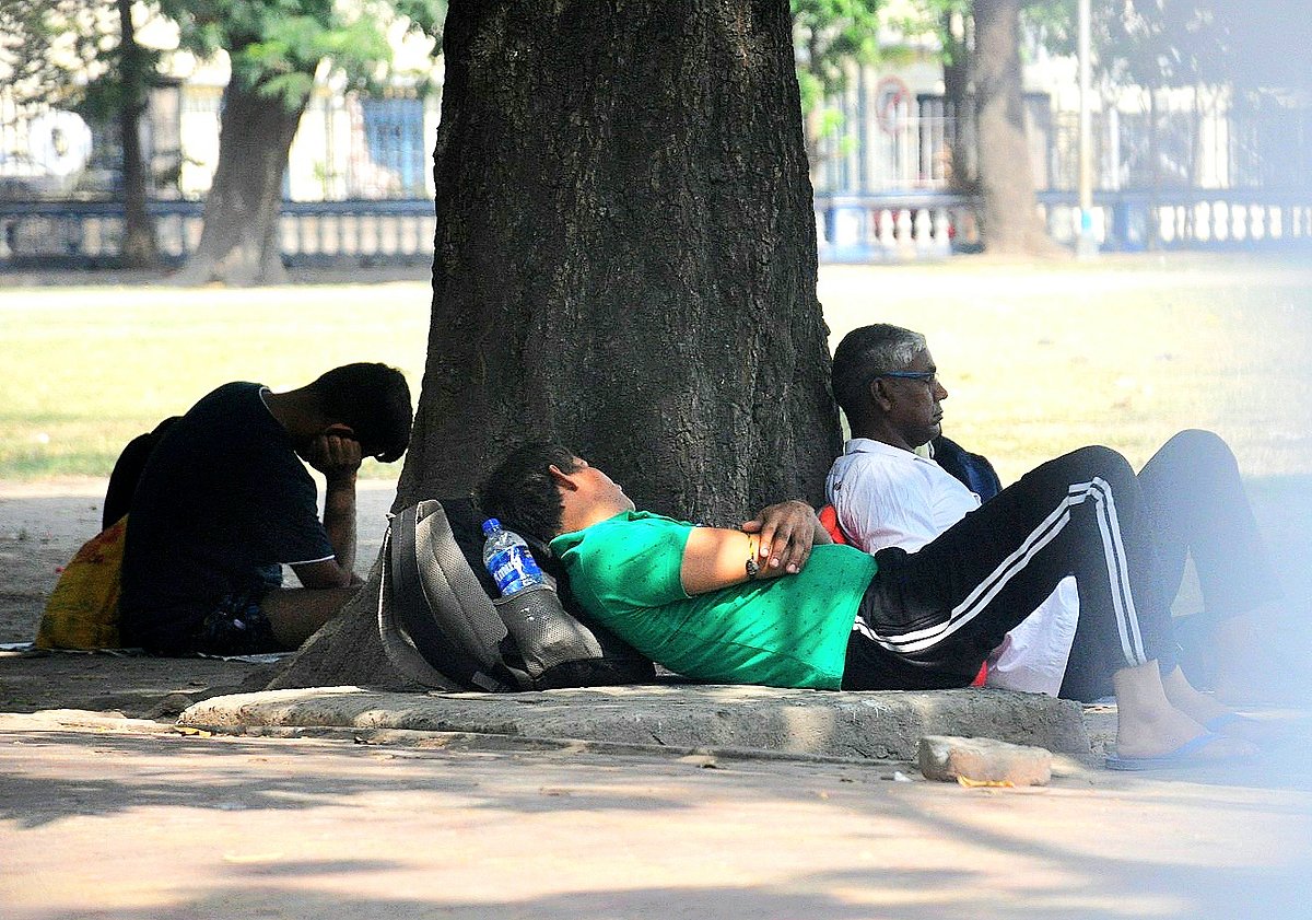 কলকাতায় প্রচণ্ডে গরমে পার্ক সার্কাস এলাকার মাঠে গাছের নিচে জিরিয়ে নিচ্ছেন কয়েকজন