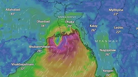 উইন্ডিডটকমে ঘূর্ণিঝড় রিমালের অবস্থান ও গতিপথ। আজ বেলা ৫টা ২৩ মিনিটে
