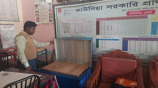 বাক্সবন্দী হয়ে পড়ে আছে রংপুরের কাউনিয়া সরকারি প্রাথমিক বিদ্যালয়ের কম্পিউটারসহ অন্যান্য সরঞ্জাম। গত বছরের নভেম্বর মাসে মাল্টিমিডিয়া সরঞ্জামগুলো এসেছিল। গত ৫ মার্চ বিদ্যালয়ের প্রধান শিক্ষকের কক্ষে