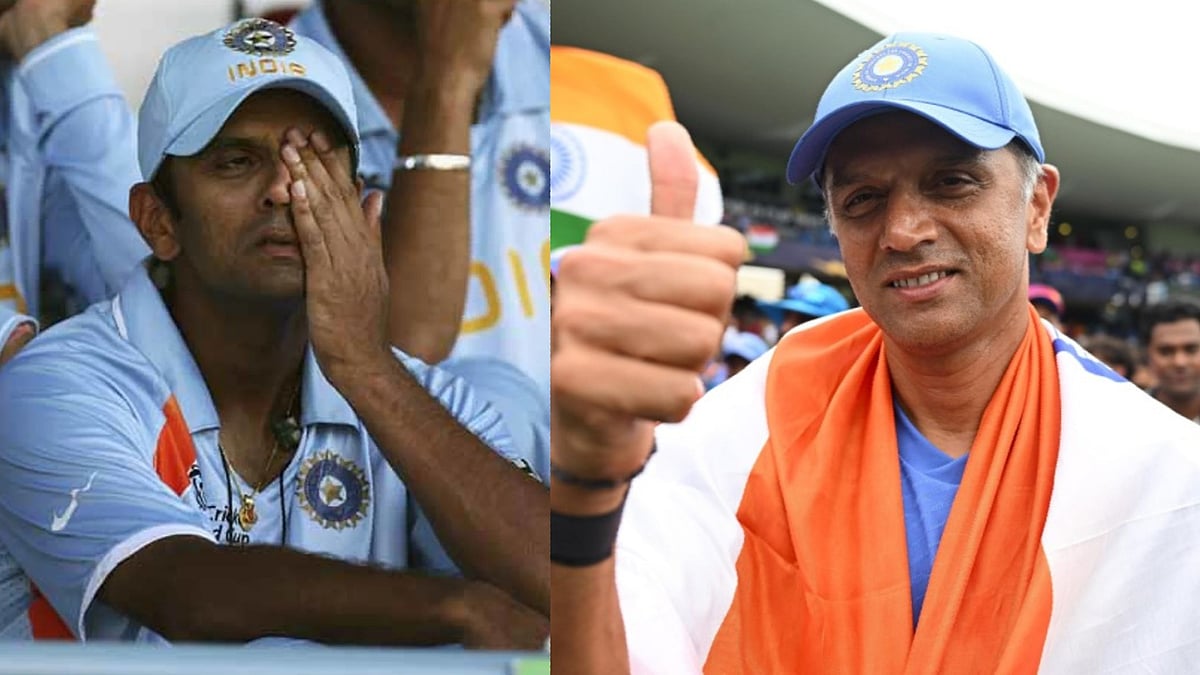 রাহুল দ্রাবিড়ের দুই ছবির মধ্যে ব্যবধান ১৭ বছরের। দুটিই ওয়েস্ট ইন্ডিজে। ২০০৭ বিশ্বকাপে কেঁদেছিলেন, ২০২৪ বিশ্বকাপ শেষে তাঁর মুখে প্রশান্তির হাসি