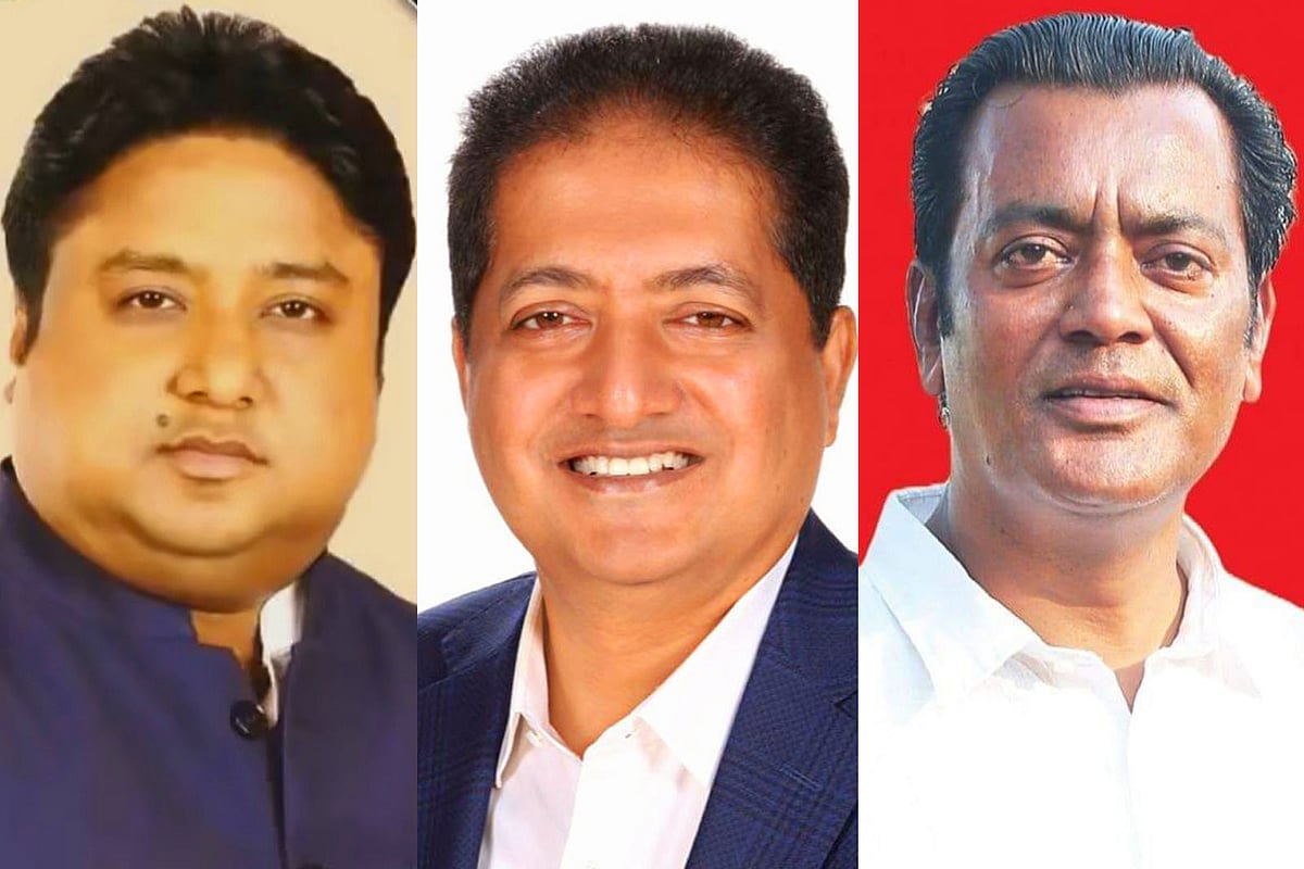 সুনামগঞ্জ সদর উপজেলা নির্বাচনে চেয়ারম্যান প্রার্থী (বাঁ থেকে) ফজলে রাব্বী, খায়রুল হুদা ও মনিষ কান্তি দে