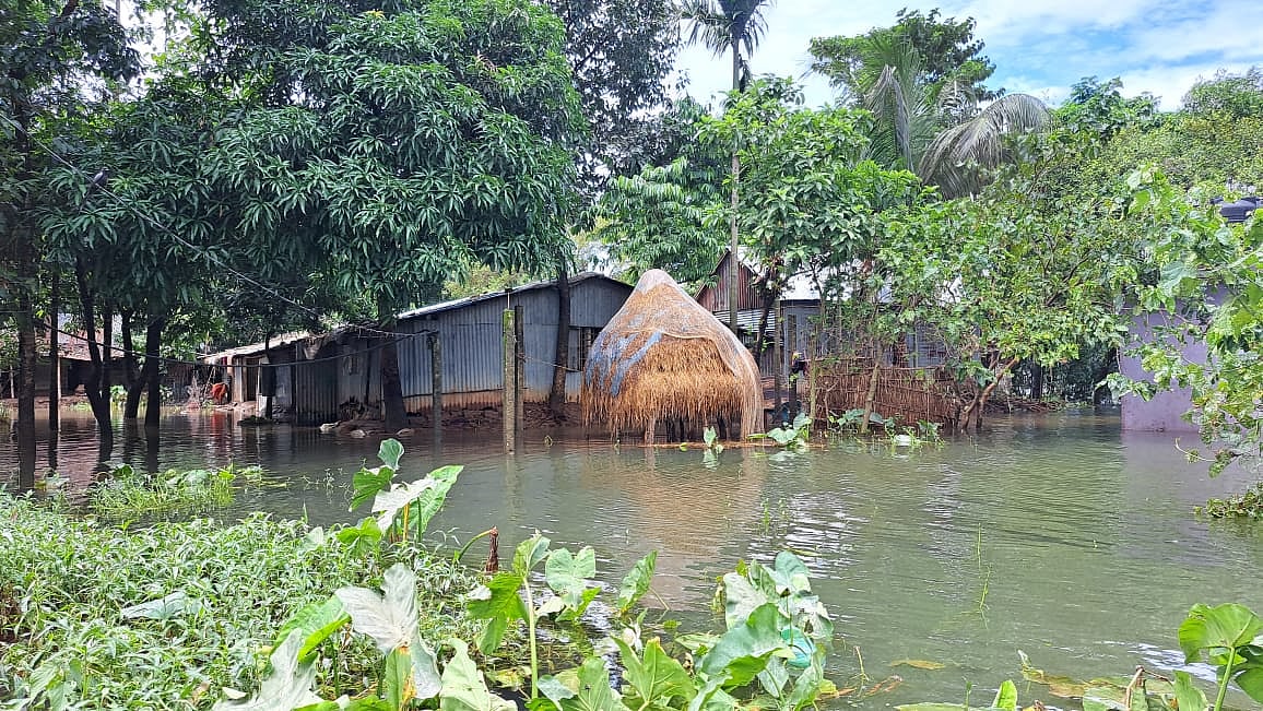 বন্যার পানিতে ভাসছে সিলেটের কোম্পানীগঞ্জ উপজেলার শিমুলতলা গুচ্ছগ্রাম। শনিবার দুপুরে তোলা ছবি