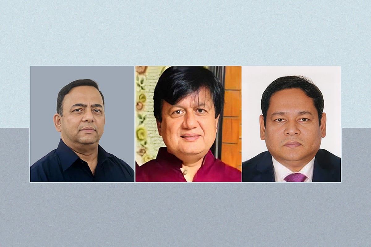 সাবেক পুলিশপ্রধান বেনজীর আহমেদ (বামে), সাবেক এনবিআর কর্মকর্তা মতিউর রহমান (মাঝে) ও কাজী আবু মাহমুদ ফয়সাল (ডানে)