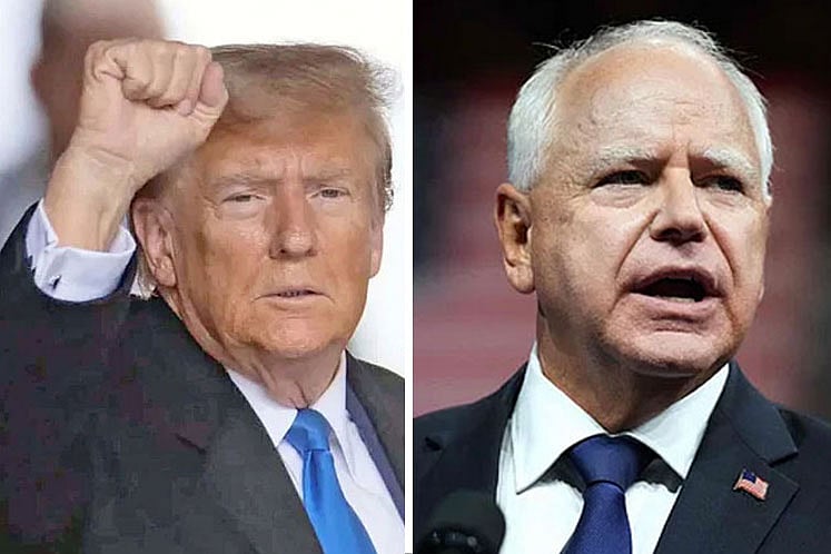 রিপাবলিকান প্রেসিডেন্ট প্রার্থী ডোনাল্ড ট্রাম্প এবং কমলা হ্যারিসের রানিং মেট টিম ওয়ালজ