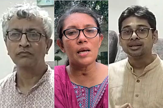 (বাঁ থেকে) অধ্যাপক তানজিম উদ্দিন খান, সহযোগী অধ্যাপক সামিনা লুৎফা ও আইনজীবী মানজুর আল মতিন