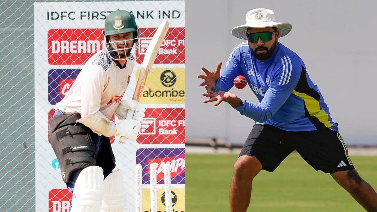 চেন্নাই টেস্টের প্রস্তুতি ব্যস্ত বাংলাদেশের সাকিব আল হাসান (বাঁয়ে) ও ভারতের রোহিত শর্মা