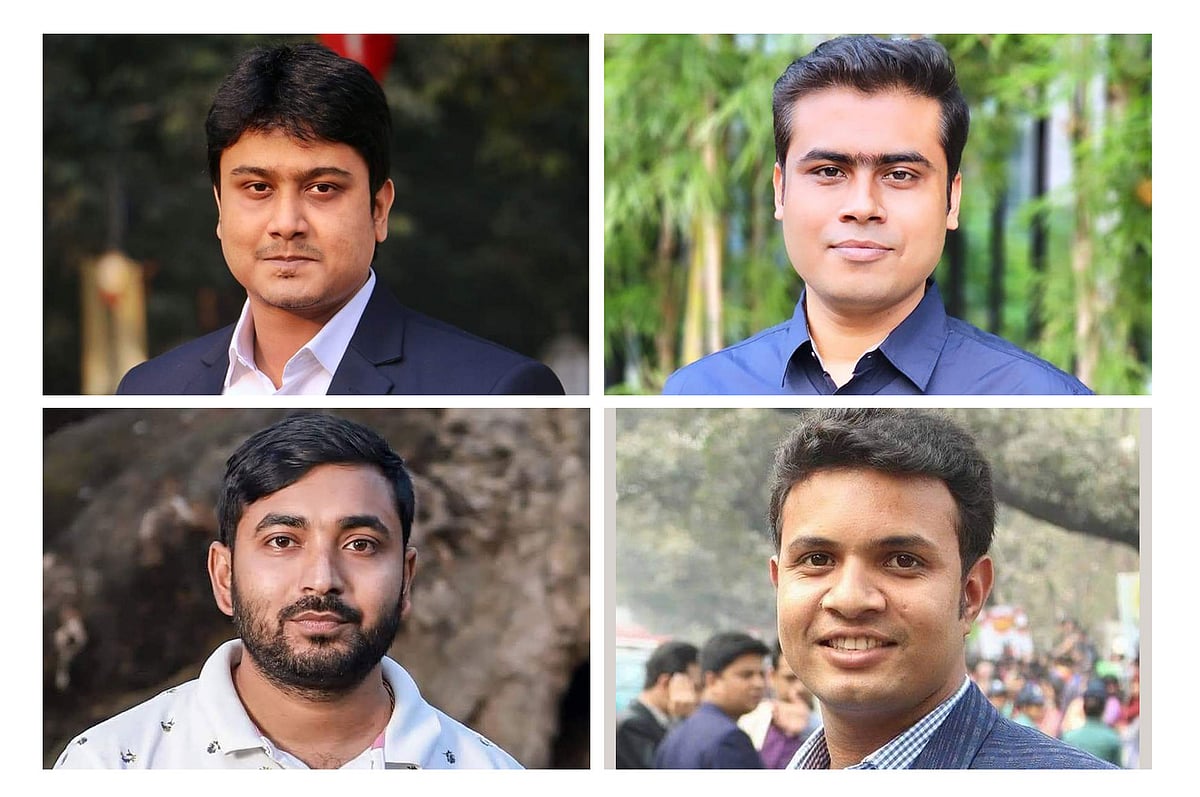 (ওপরে বাঁ থেকে) আল নাহিয়ান খান জয়, লেখক ভট্টাচার্য। (নিচে বাঁ থেকে) সনজিত চন্দ্র দাস, সাদ্দাম হোসেন।