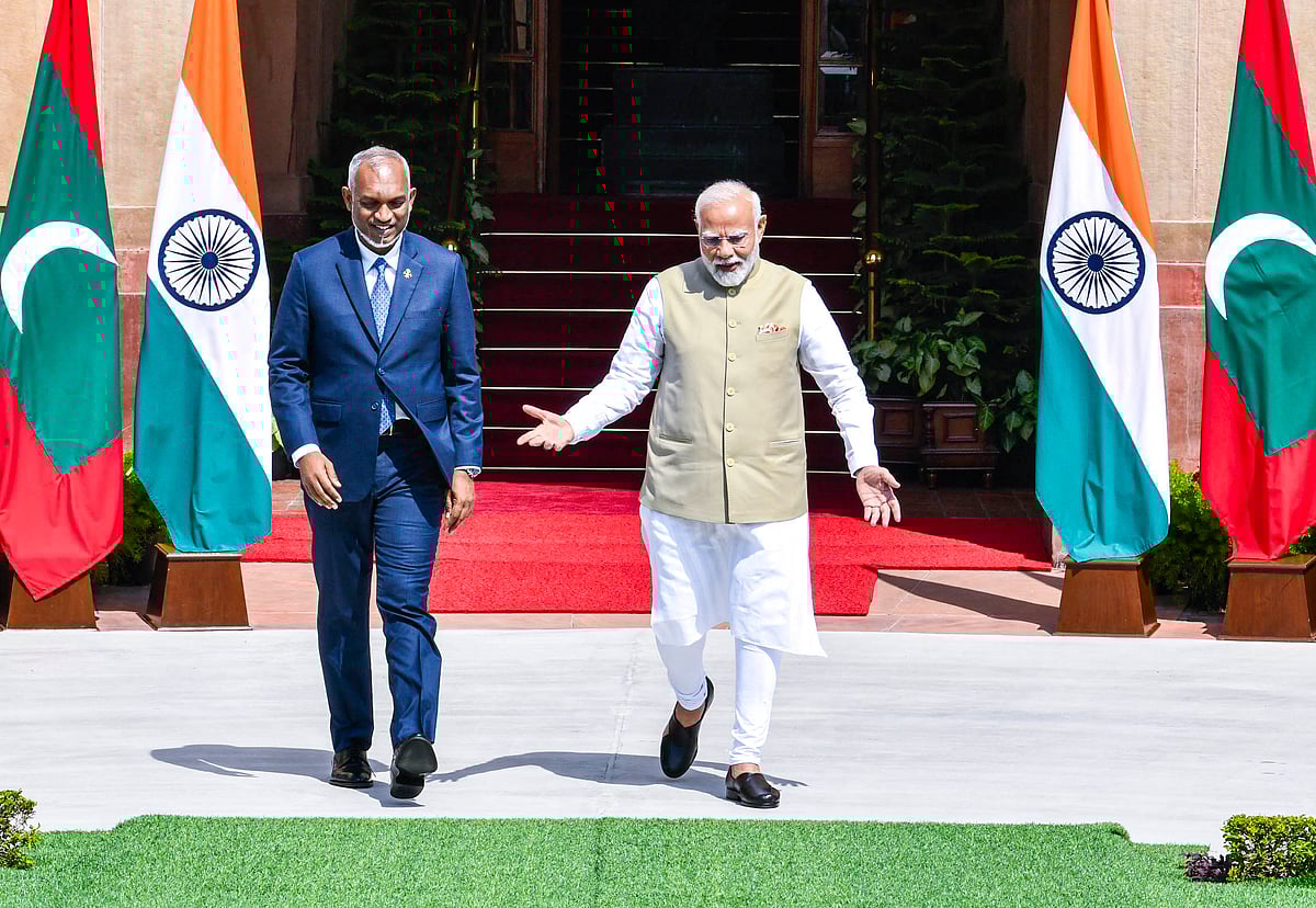 নয়াদিল্লিতে নরেন্দ্র মোদির সঙ্গে মোহাম্মদ মুইজ্জু। আজ সোমবার হায়দরাবাদ হাউসে