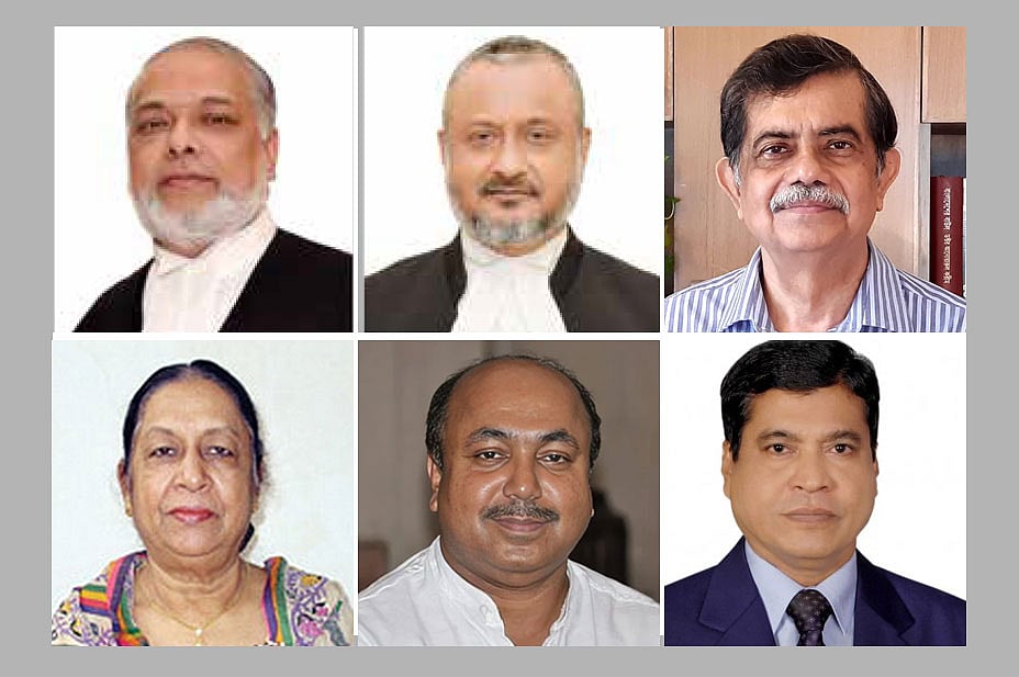 উপরে বাঁ থেকে বিচারপতি জুবায়ের রহমান চৌধুরী, বিচারপতি এ কে এম আসাদুজ্জামান, অধ্যাপক সিআর আবরার; নিচে বাঁ থেকে অধ্যাপক জিন্নাতুননেসা তাহমিদা বেগম, পিএসসির চেয়ারম্যান মোবাশ্বের মোনেম এবং মহাহিসাব নিরীক্ষক ও নিয়ন্ত্রক মো. নূরুল ইসলাম
