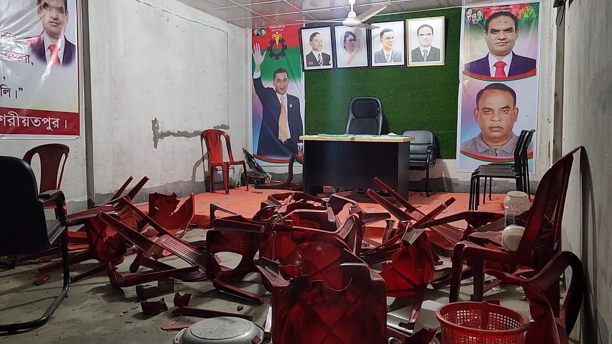 ভাংচুরের পর শরীয়তপুর জেলা শহরের যুবদলের একটি কার্যালয়। গতকাল রাতে তোলা