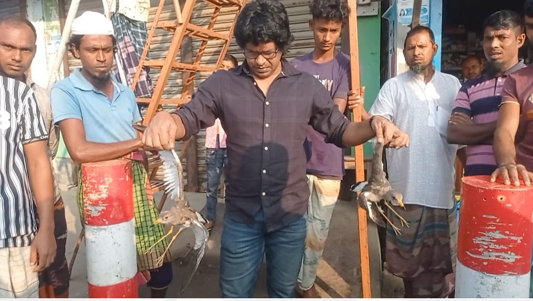 বাজারে বিক্রি হচ্ছে শিকারির হাতে ধরা পড়া অতিথি পাখি। তবে সেগুলো বিক্রি না করতে সচেতনতা চালাচ্ছেন এক ব্যক্তি। গত বুধবার সিরাজগঞ্জের তাড়াশ উপজেলার সগুনা ইউনিয়নের দীঘিসগুনা বাজারে