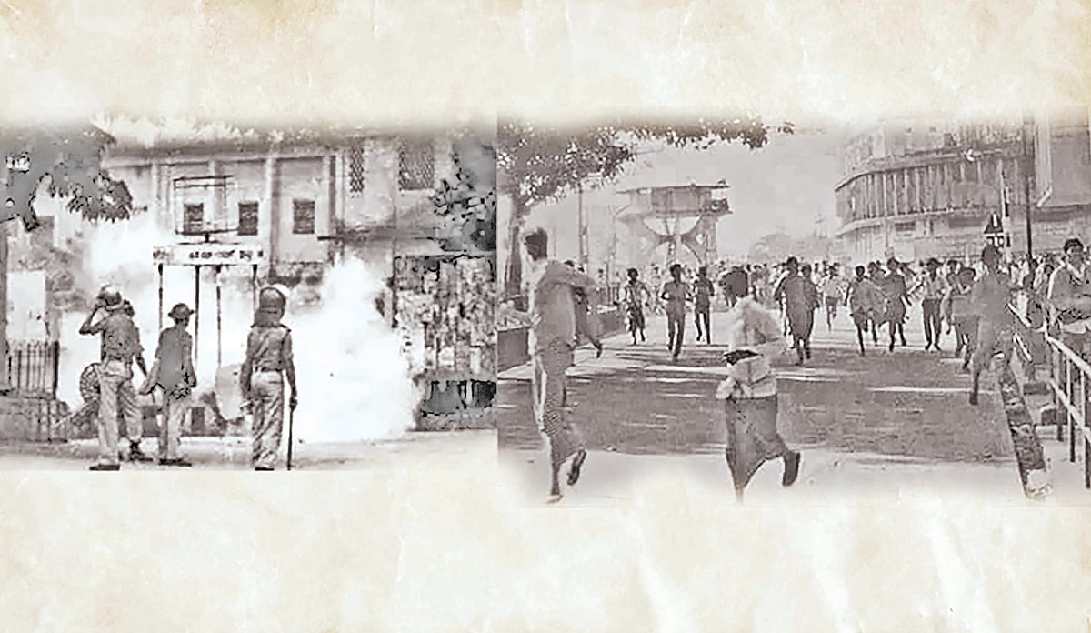 বিনা উসকানিতে মিছিলকারীদের দিকে টিয়ারগ্যাস ও গুলি ছোঁড়ে পুলিশ (বাঁয়ে)। প্রাণভয়ে ছুটছে মানুষ। নিউ মার্কেট এলাকায়