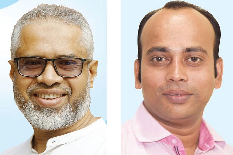 ডিআরইউর নতুন সভাপতি আবু সালেহ আকন (বাঁয়ে) ও সাধারণ সম্পাদক মাইনুল হাসান সোহেল