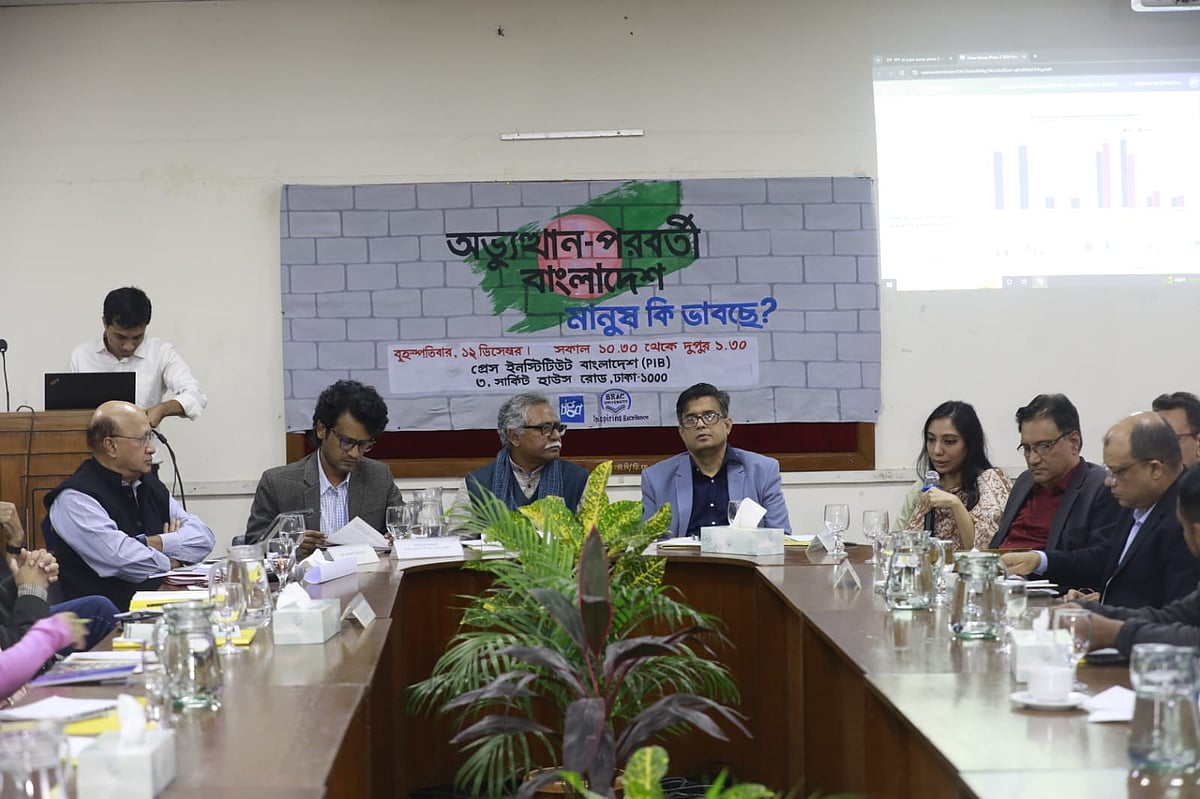 বিআইজিডির ‘পালস সার্ভের’ দ্বিতীয় ধাপের জরিপের ফলাফল প্রকাশ অনুষ্ঠানে অতিথিরা। আজ ১২ ডিসেম্বর, পিআইবি