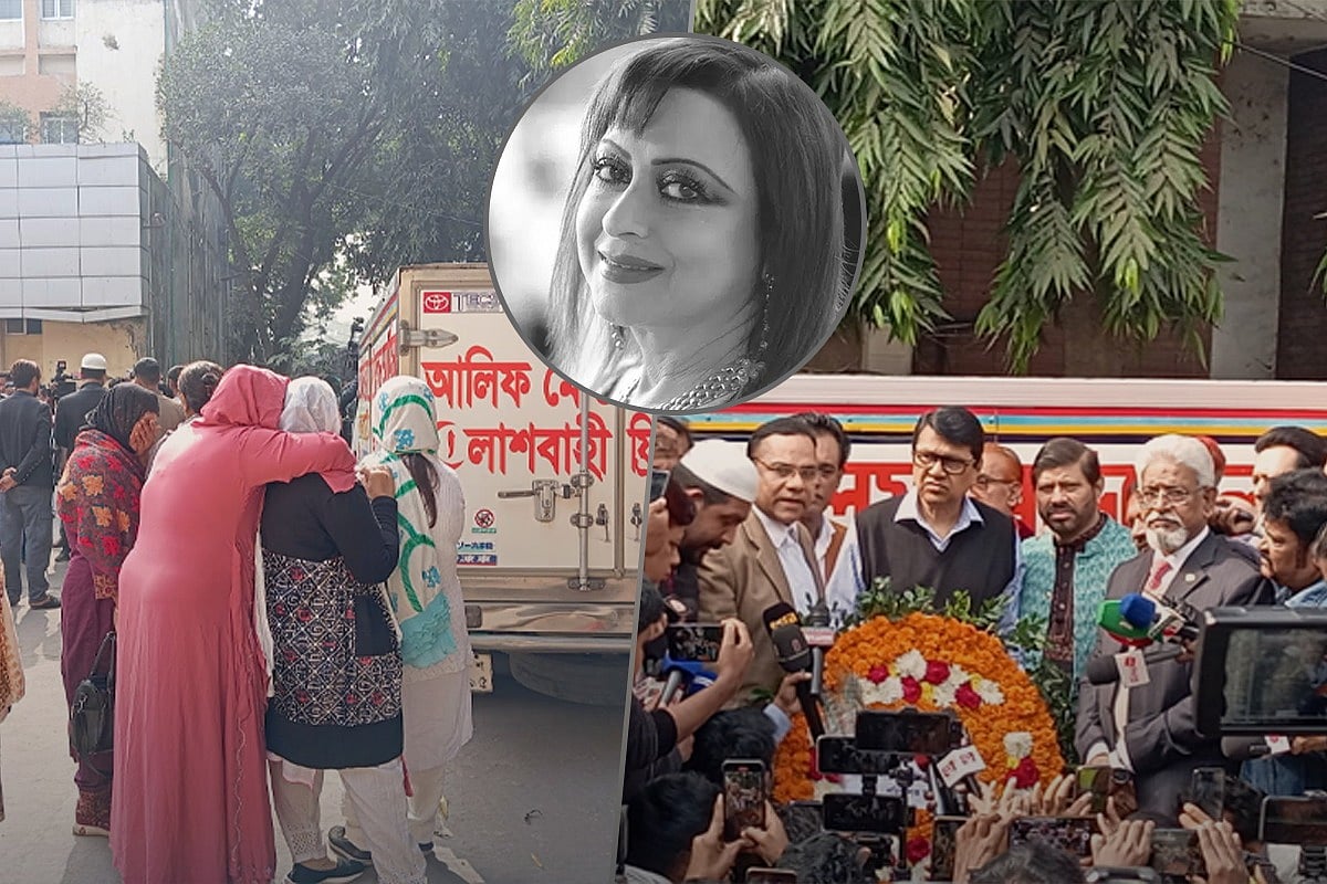 অঞ্জনার মরদেহ বহনকারী গাড়িটি এফডিসিতে পৌঁছালে শোকাবহ পরিস্থিতির সৃষ্টি হয়। কোলাজ