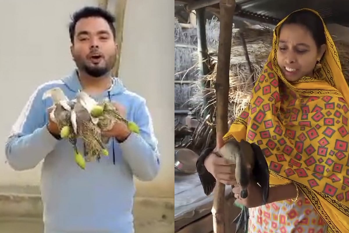 ফেসবুকে এভাবে পাঁচটি বক হাতে নিয়ে রোস্টের আমন্ত্রণ জানান আল-আমিন (বাঁয়ে)। একটি বুনোহাঁস দেখিয়ে ভোজের কথা বলতে দেখা যাচ্ছে তুলি নামের মেয়েটি