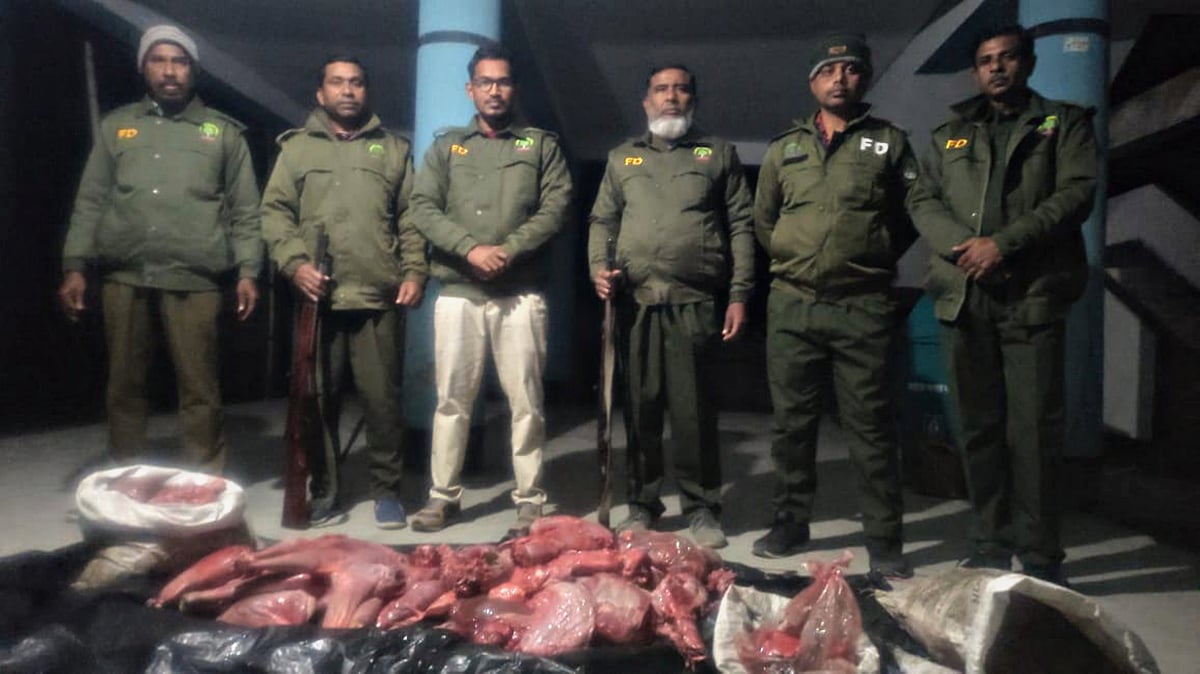 জব্দ করা হরিণের মাংস সুন্দরবনের কাশিয়াবাদ ফরেস্ট স্টেশন কার্যালয়ে আনা হয়েছে। গতকাল গতকাল বুধবার রাতে