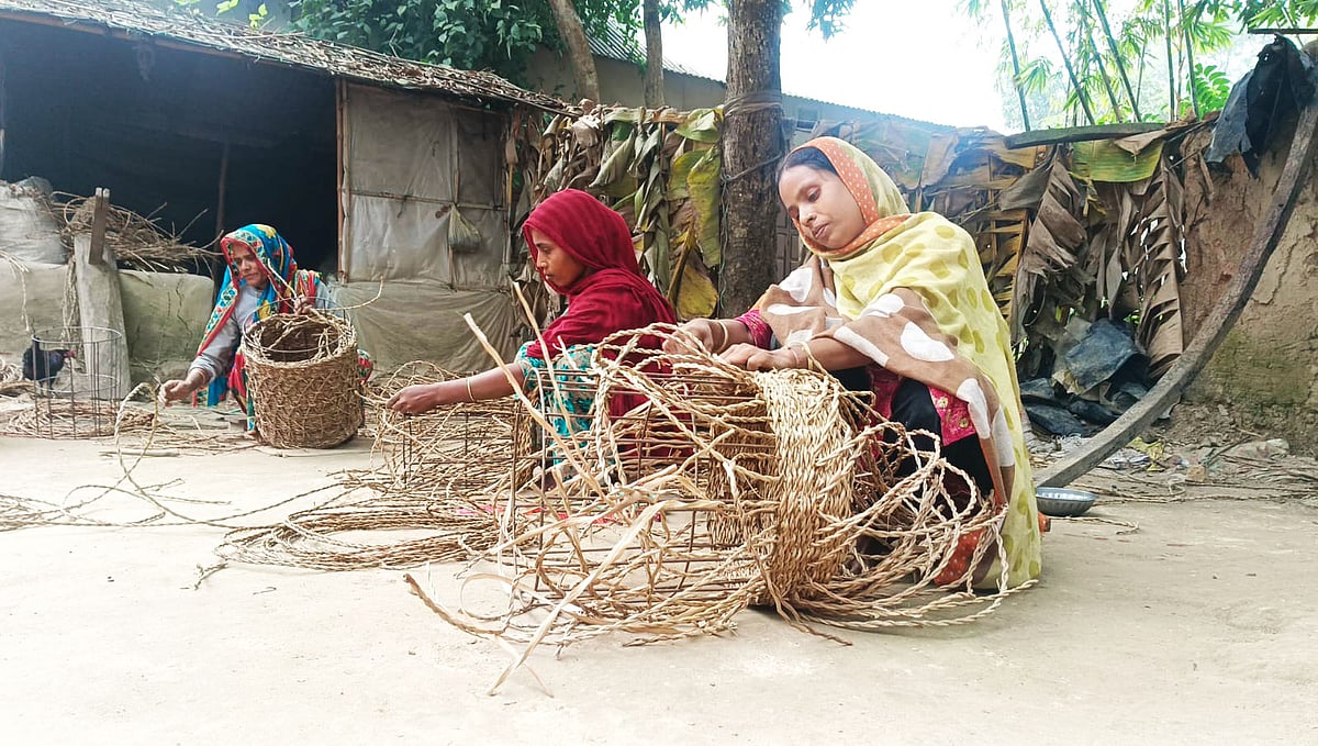 বাড়িতে বসে হোগলাপাতার পণ্য তৈরি করছেন নারীরা। সম্প্রতি ময়মনসিংহের ফুলবাড়িয়ার কৈয়ারচালা গ্রামে
