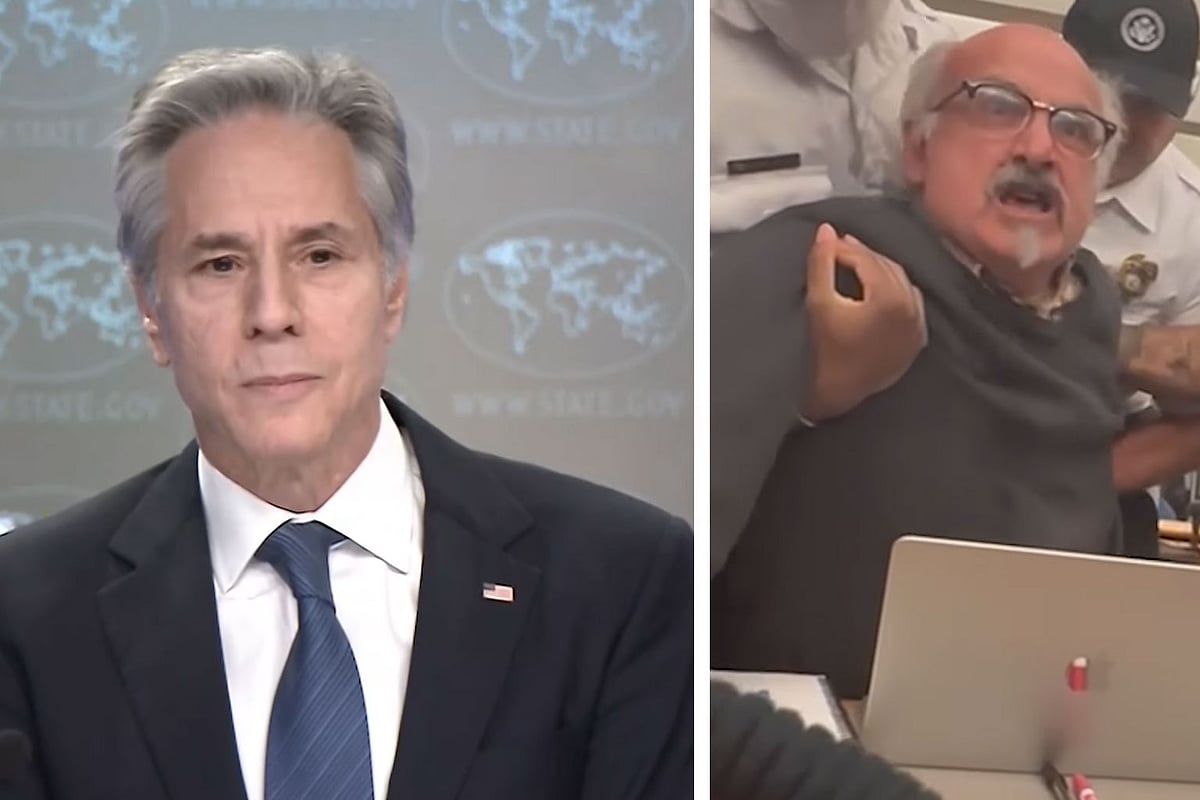 যুক্তরাষ্ট্রের ইসরায়েলকে সমর্থন নিয়ে অ্যান্টনি ব্লিঙ্কেনকে প্রশ্ন করার পর সাংবাদিককে জোর করে কক্ষ থেকে বের করে নিয়ে যাচ্ছেন নিরাপত্তাকর্মীরা