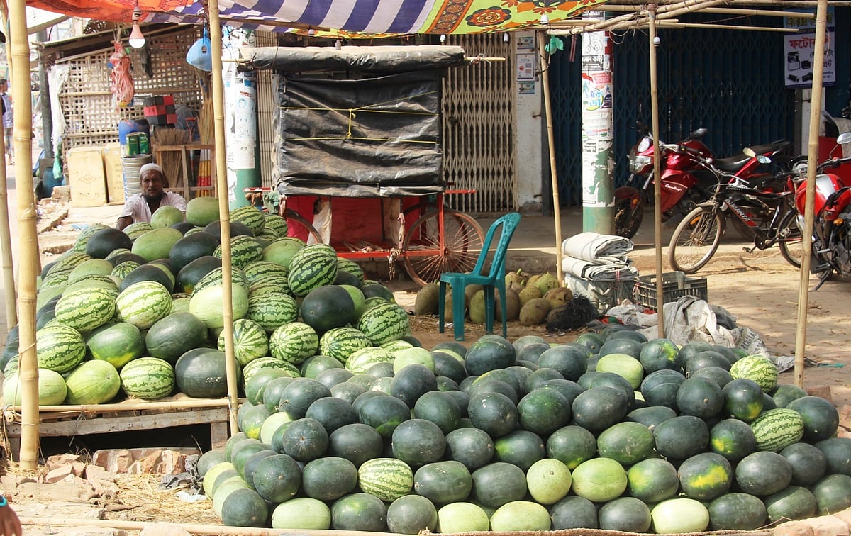 বিক্রির জন্য সড়কের পাশে ফুটপাতে স্তূপ করে রাখা হয়েছে তরমুজ। প্রতিটি ২৫০ থেকে ৫০০টাকায় বিক্রি হচ্ছে। গতকাল সকালে টেকনাফ পৌরসভার বাসস্টেশন এলাকায়
