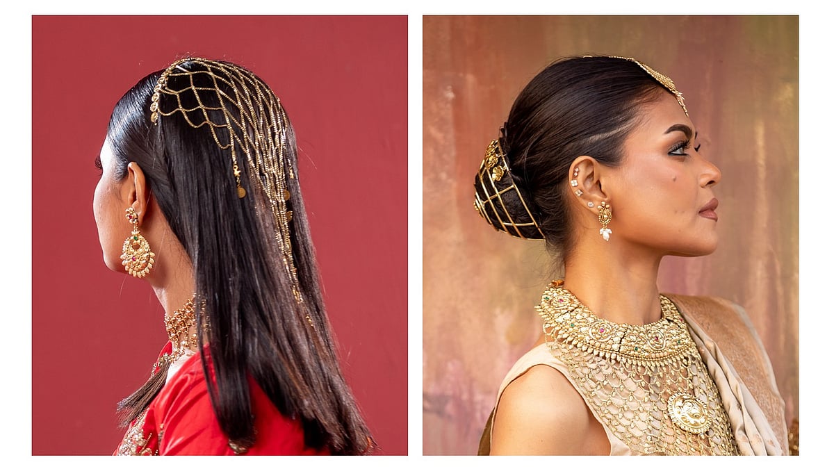 খোলা চুলে যেমন নেটের নকশা পরা যায়, তেমনি স্লিক বানে খোপার কাটা থাকতে পারে