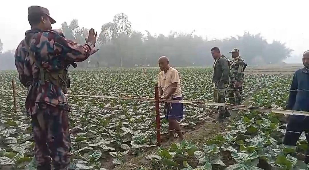 বিএসএফের প্রহরায় ভারতীয় নাগরিকেরা কাঁটাতারে বাঁশের বেড়া দিলে বিজিবি বাধা দেয়। গত মঙ্গলবার দহগ্রাম ইউনিয়নের হাঁড়িপাড়া ও সরকারপাড়া সীমান্তে
