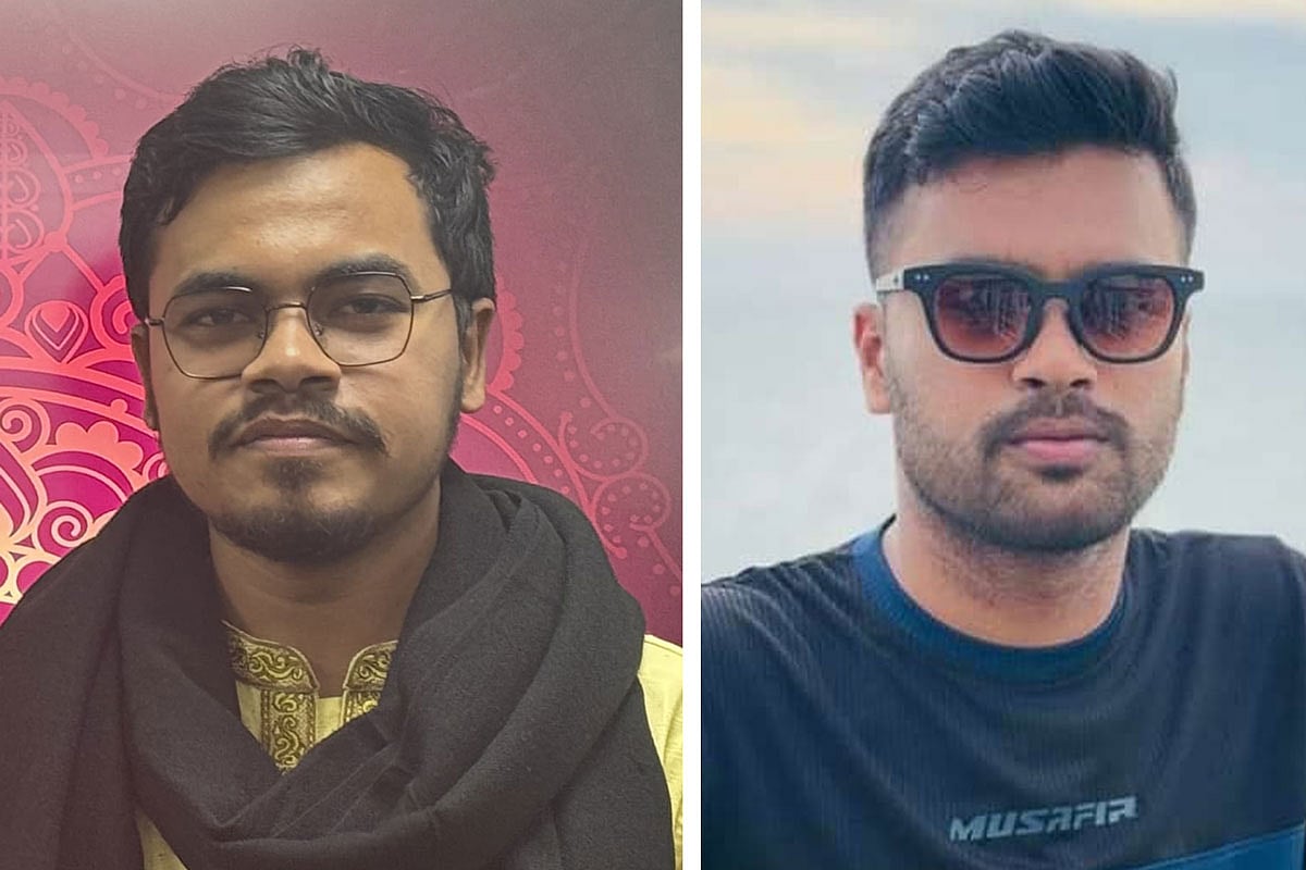 বৈষম্যবিরোধী ছাত্র আন্দোলনের রাজশাহী মহানগরের যুগ্ম আহ্বায়ক মো. মাঈন উদ্দীন (বাঁয়ে) ও যুগ্ম সদস্যসচিব মো. হুমায়ুন কবির