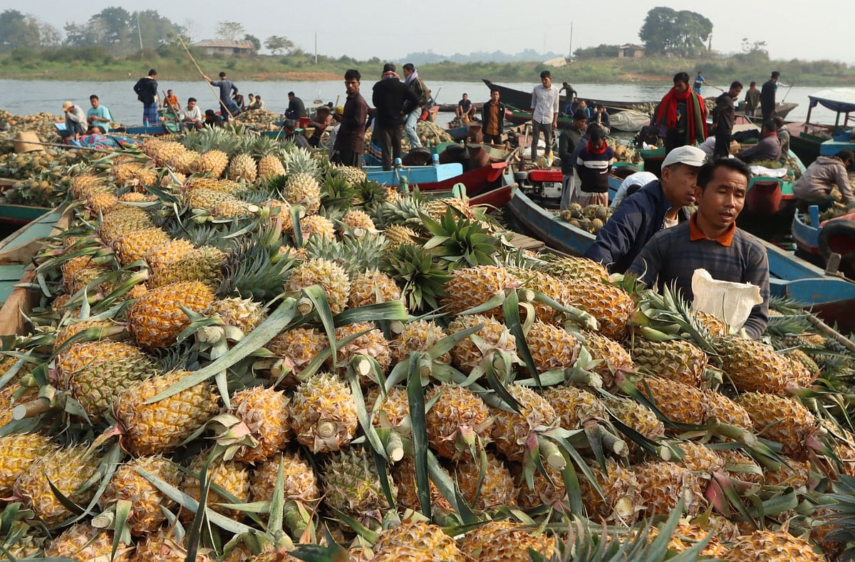 রাঙামাটি শহরে সাপ্তাহিক হাটে আনারসের বেচাকেনা জমজমাট। শহরের বনরূপা বাজারের সমতা ঘাটে। গত বুধবার সকালে তোলা