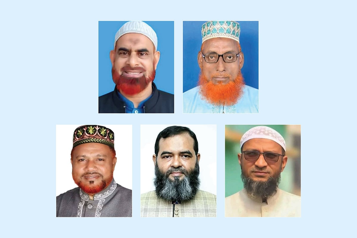 উপরে বাঁ থেকে জামায়াত নেতা অধ্যক্ষ মাহবুবুল হক, এনামুল হক এবং নিচে বাঁ থেকে খন্দকার মুহাম্মদ আব্দুর রাকিব, আ স ম সায়েম ও মোহাম্মদ খবিরুল ইসলাম