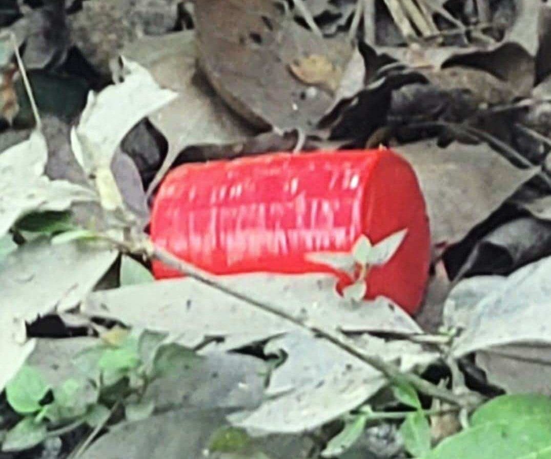 ঝোপের মধ্যে লাল টেপ মোড়ানো বোমাসদৃশ বস্তুটি পড়ে আছে। আজ বৃহস্পতিবার চুয়াডাঙ্গার দর্শনার কেরু চত্বর এলাকায়