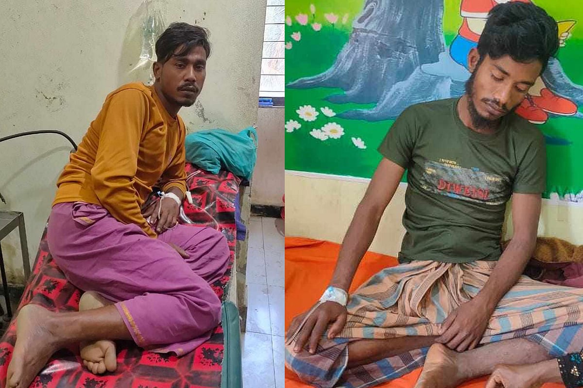 মুক্তি পাওয়া দুজন শ্রমিক। কক্সবাজারের রামু উপজেলার ঈদগড় হাসপাতালে। আজ সকালে তোলা