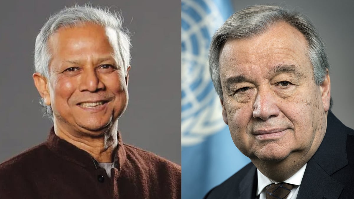 বাংলাদেশের অন্তর্বর্তী সরকারের প্রধান উপদেষ্টা অধ্যাপক মুহাম্মদ ইউনূস ও জাতিসংঘ মহাসচিব আন্তোনিও গুতেরেস
