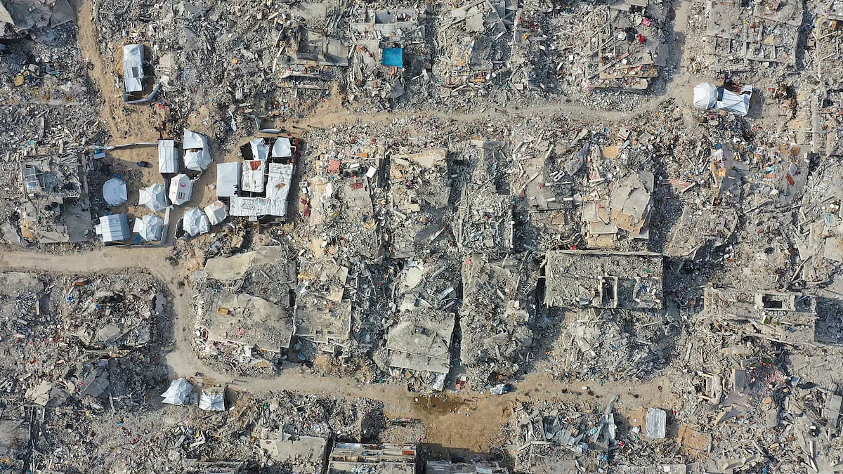 ড্রোনে তোলা বিধ্বস্ত গাজার দৃশ্য। উত্তর গাজার বাইত হানুন এলাকায়, ৫ মার্চ ২০২৫